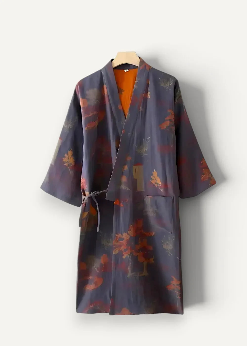 Men’s silk dressing robe in dark blue with autumn leaf pattern and orange inner lining