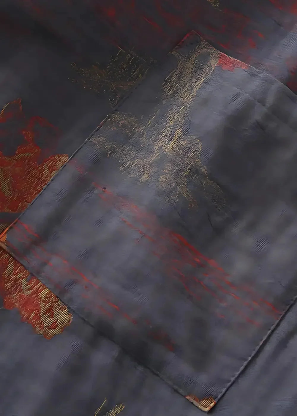 Close-up of the men's silk dressing robe pocket, dark gray with a red and gold pattern