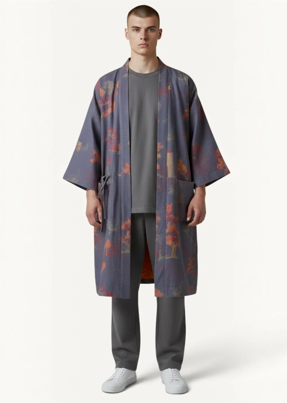 Men’s silk dressing robe long-sleeved open-front kimono in muted blue-gray with abstract warm orange red floral pattern