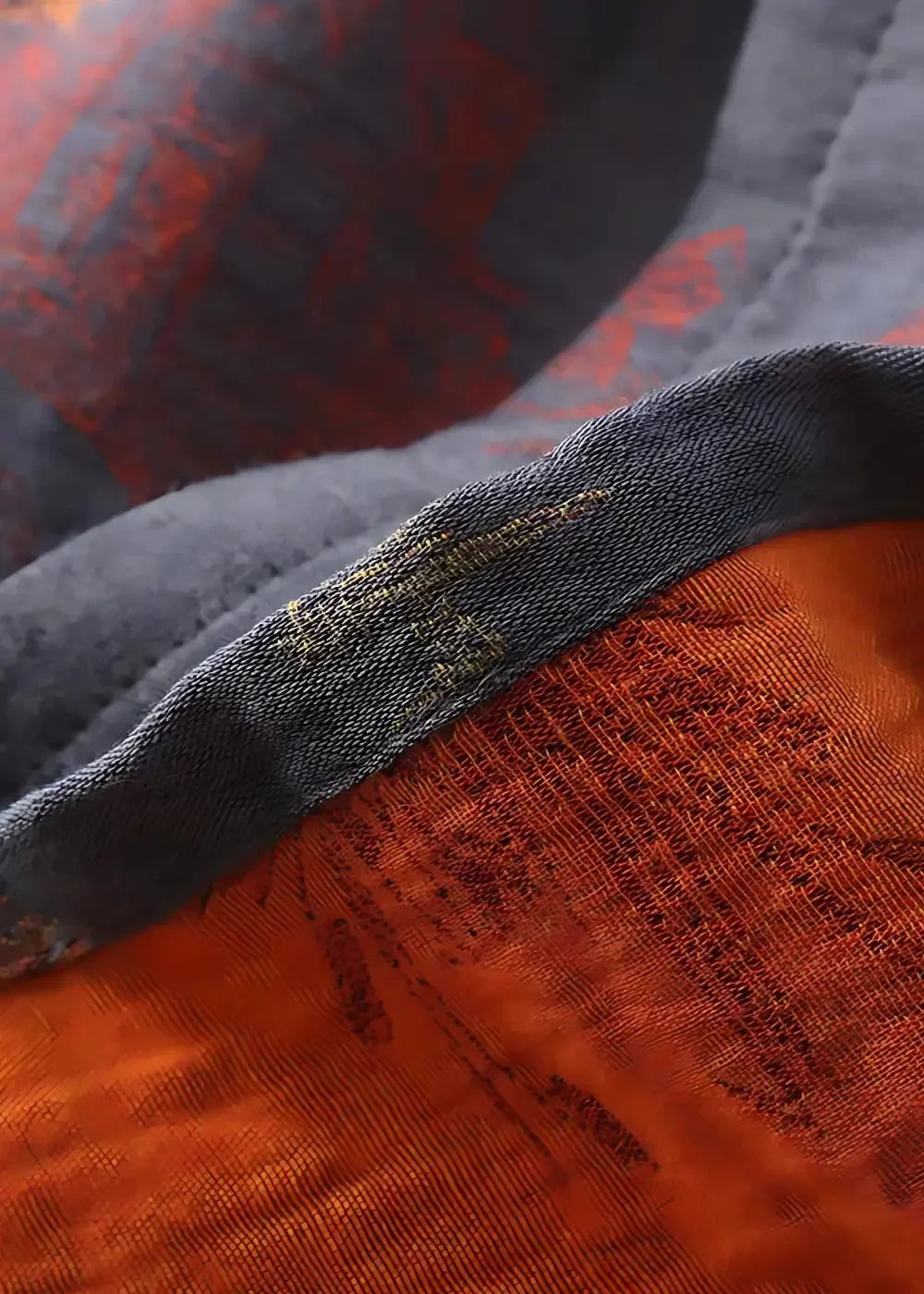 Close-up of the men's silk dressing robe collar, dark gray with an orange inner lining