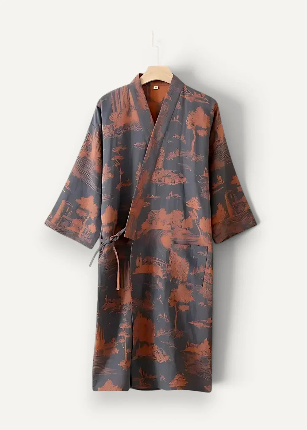 Men’s silk kimono dark gray and rust-orange patterned robe with traditional landscape design wide sleeves and pockets
