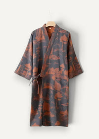 Men’s silk kimono dark gray and rust-orange patterned robe with traditional landscape design wide sleeves and pockets