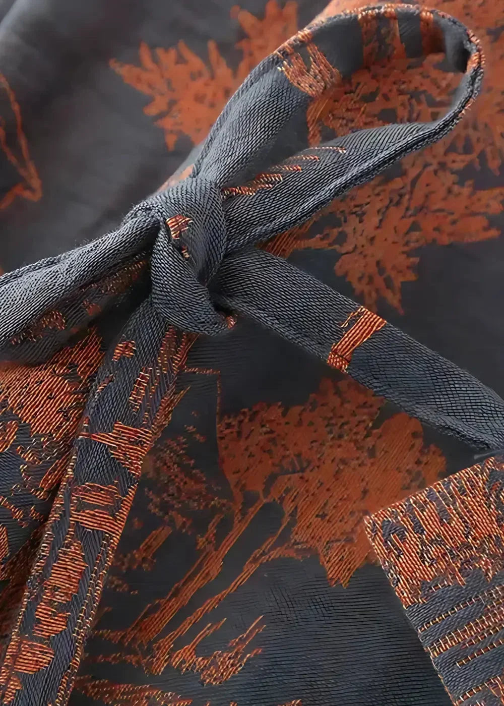 Men's silk kimono belt tied at the waist, dark gray with an orange tree pattern