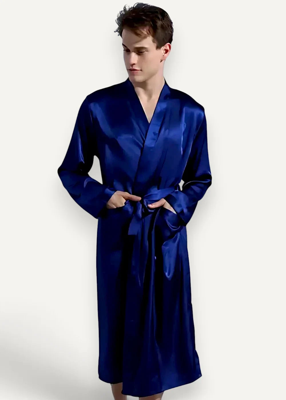 Men’s silk robe in rich royal blue satin with sleek glossy finish and matching belt for luxurious comfort