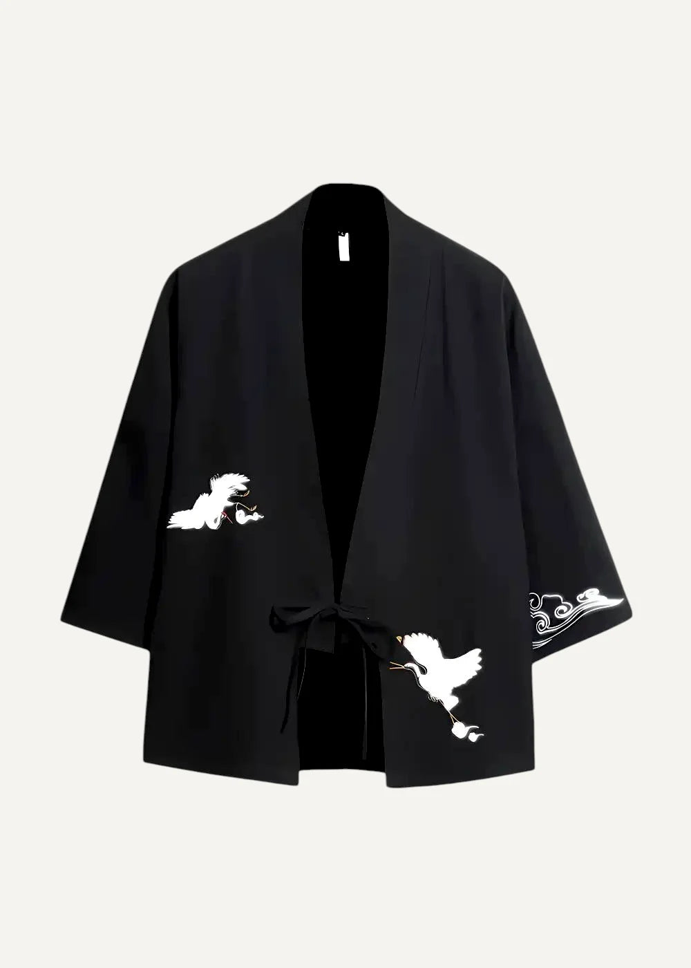 Black modern haori jacket with white crane and cloud embroidery on sleeves in japanese style