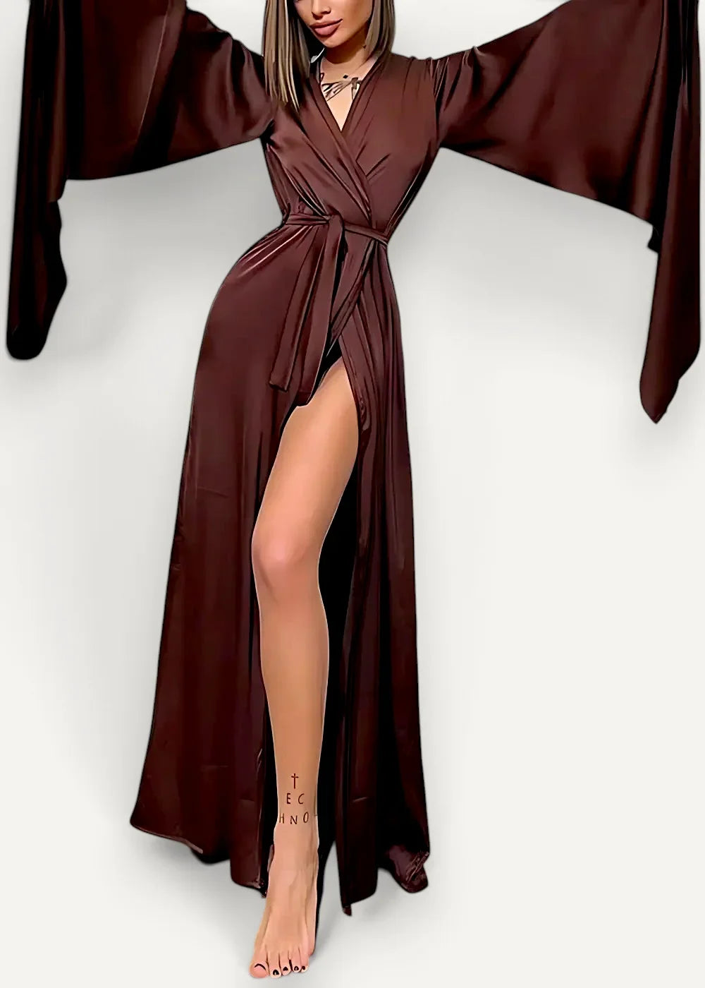 Modern kimono dress in deep brown satin with wide sleeves and a flowing high slit design