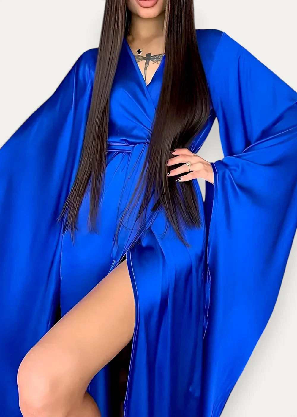 Vibrant royal blue satin modern kimono dress with wide flowing sleeves and a high slit front view
