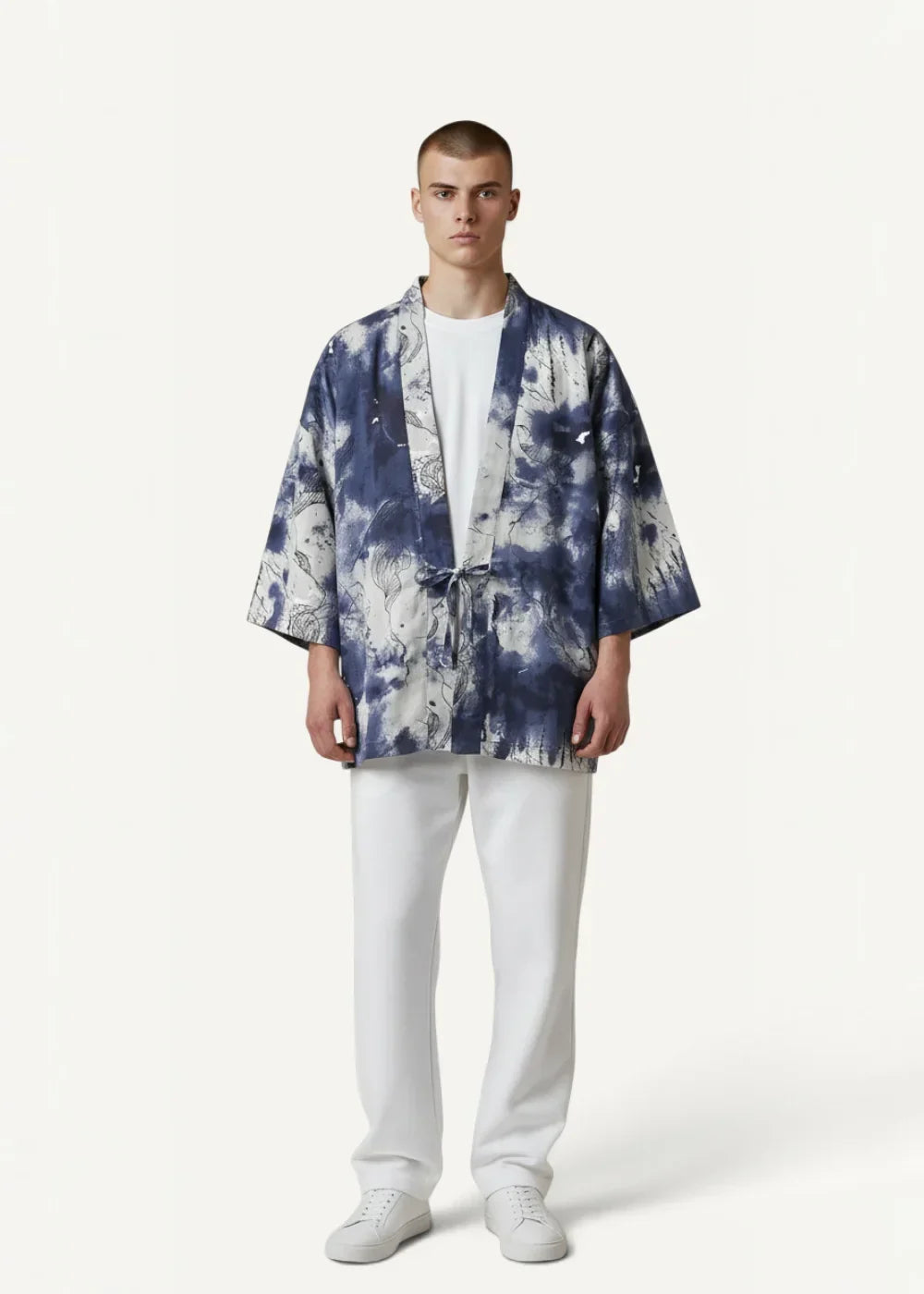 Modern kimono jacket in blue and white tie-dye pattern featuring a lightweight kimono-style design