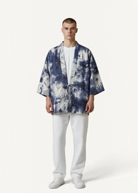 Modern kimono jacket in blue and white tie-dye pattern featuring a lightweight kimono-style design