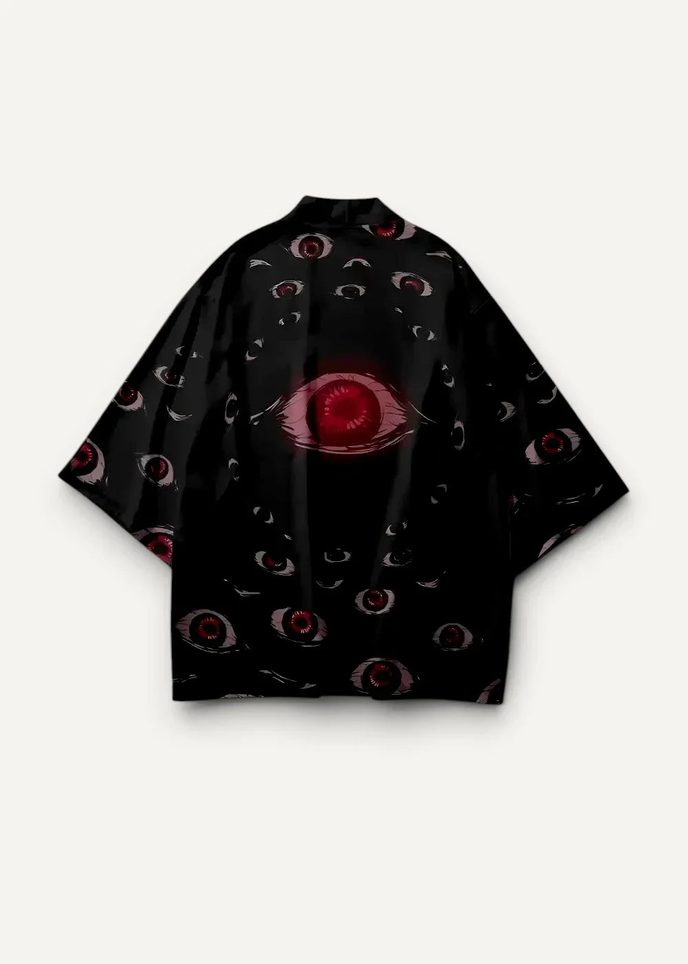 Black modern kimono jacket for men featuring a central red eye surrounded by pink and white smaller eyes on the back
