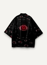 Black modern kimono jacket for men featuring a central red eye surrounded by pink and white smaller eyes on the back