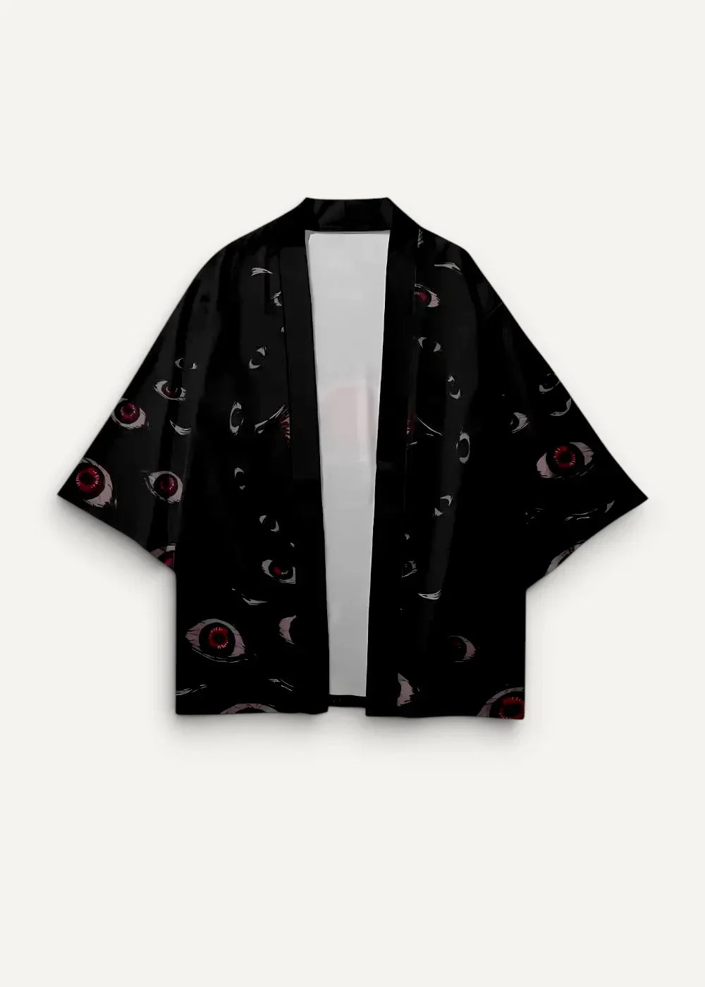 Black kimono-style jacket for men with a repeating pattern of stylized red and white eyes