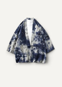 Modern kimono jacket with navy and white tie-dye pattern featuring a loose flowing silhouette in Japanese style