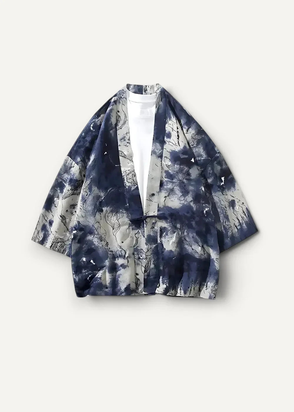 Modern kimono jacket with navy and white tie-dye pattern featuring a loose flowing silhouette in Japanese style