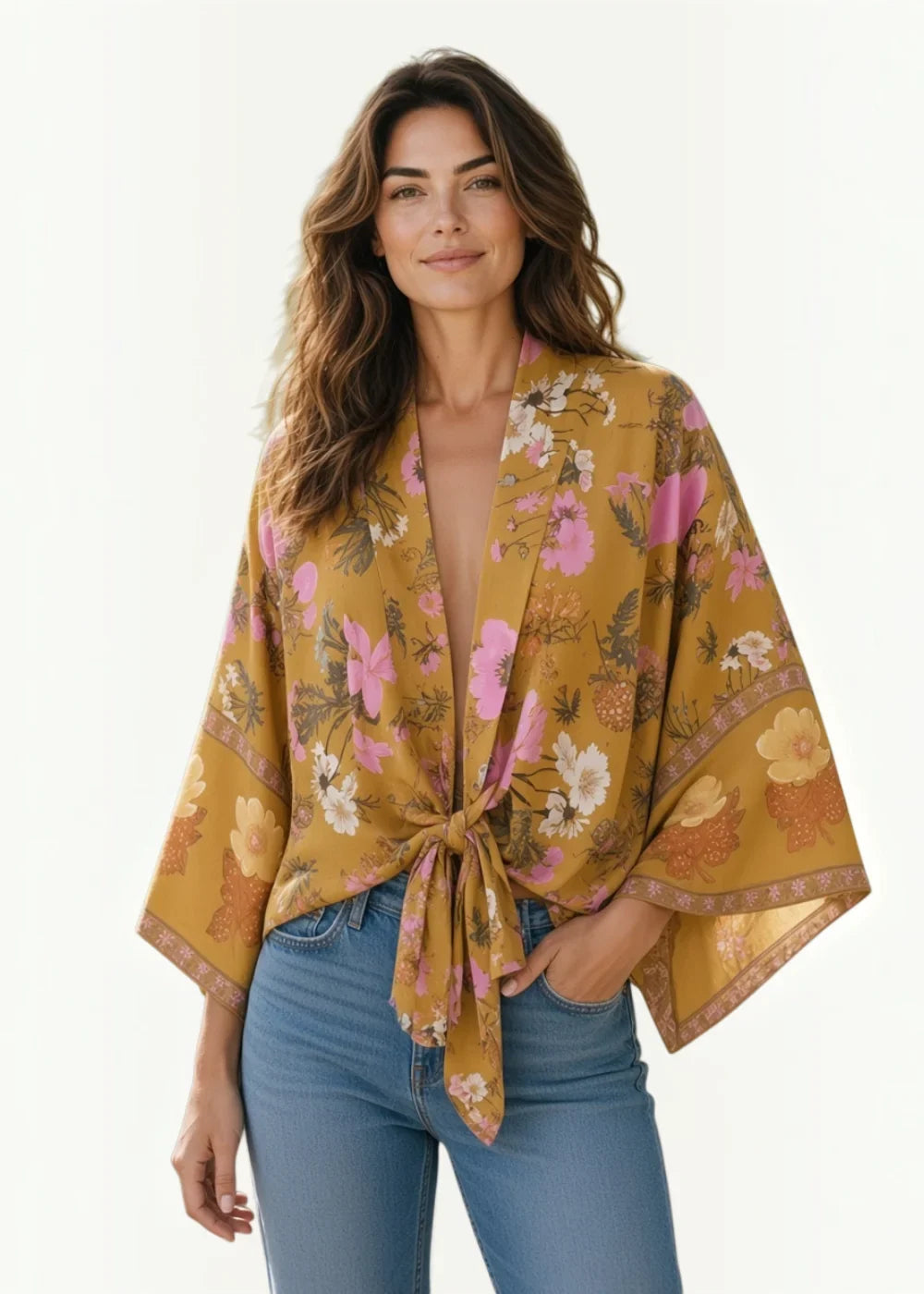 Modern kimono flowing mustard-yellow kimono-style top with vibrant pink white and brown floral pattern wide sleeves and tied front knot