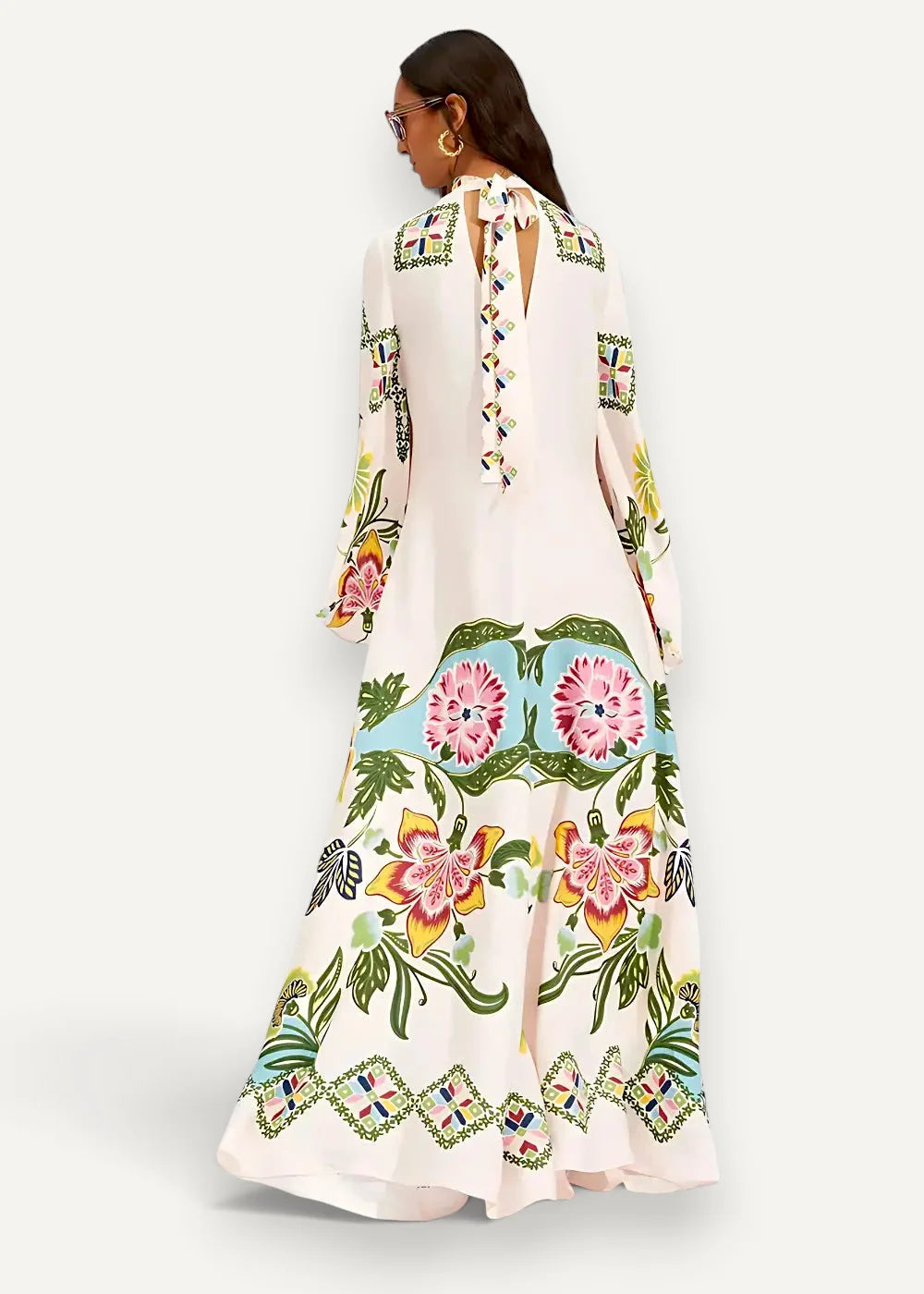 Modern kimono style off-white maxi dress with vibrant floral embroidery and back tie-up detail with square hem motifs