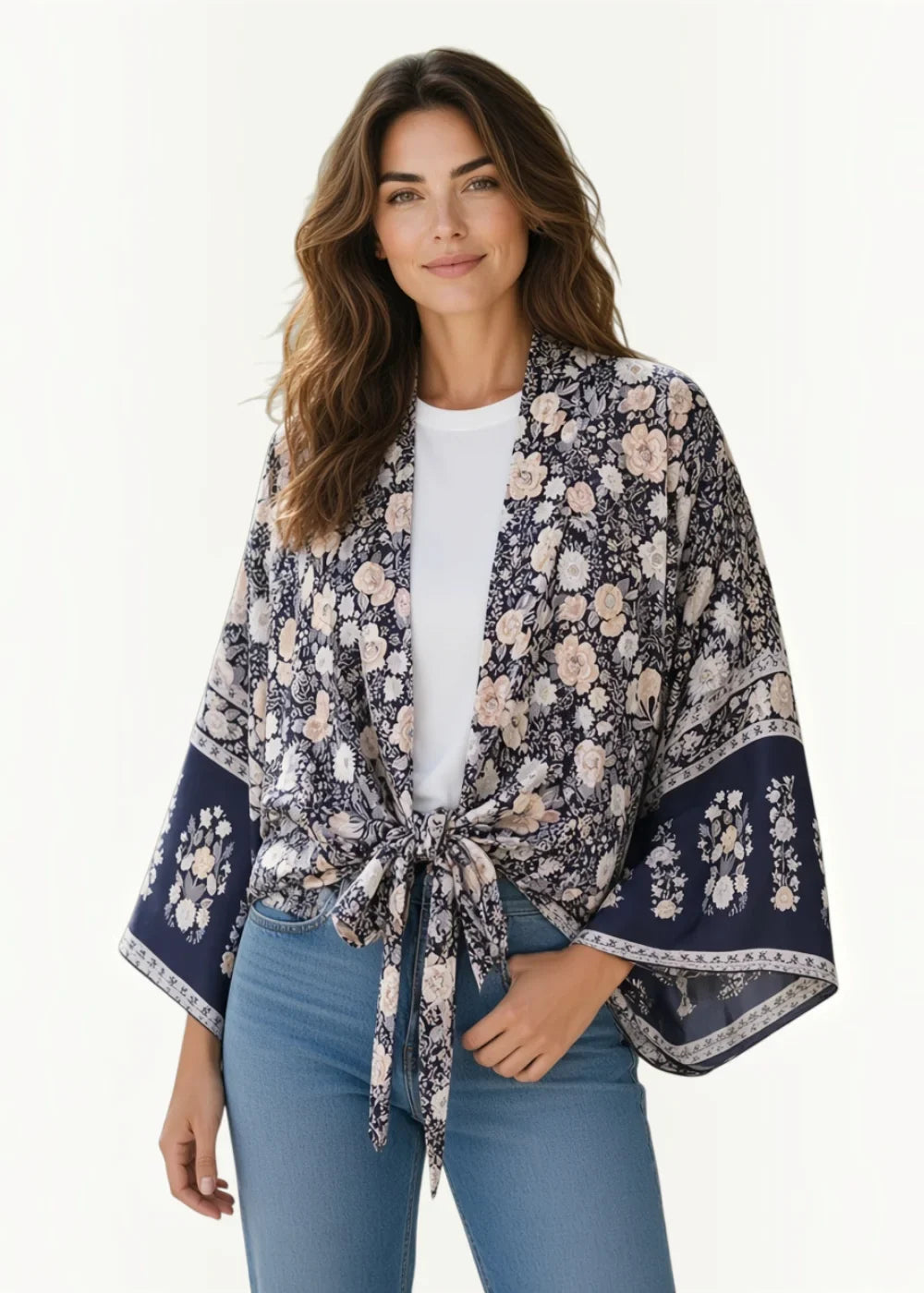 Navy blue kimono cover up with cream floral print wide sleeves and waist tie in lightweight fabric