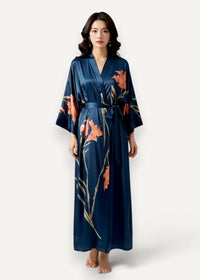 Navy blue satin robe with vibrant orange floral pattern and matching belt for elegant loungewear