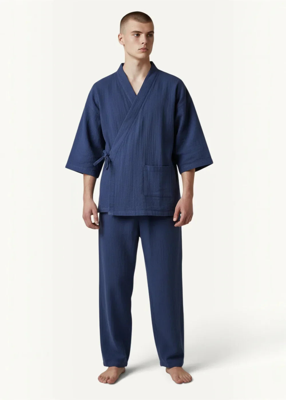 Navy cotton kimono pajamas with a linen kimono-style top featuring three-quarter sleeves and matching pants