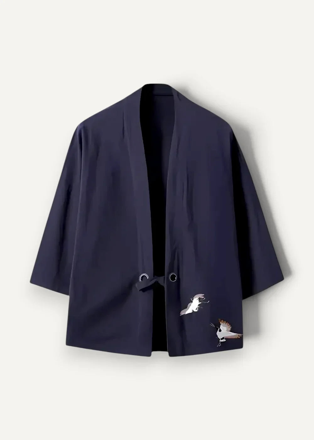 Navy haori jacket with embroidered bird design minimalist style subtle metallic accents Japanese-inspired fashion