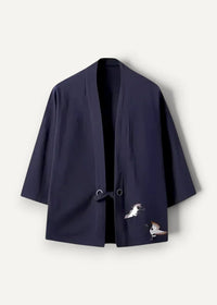 Navy haori jacket with embroidered bird design minimalist style subtle metallic accents Japanese-inspired fashion
