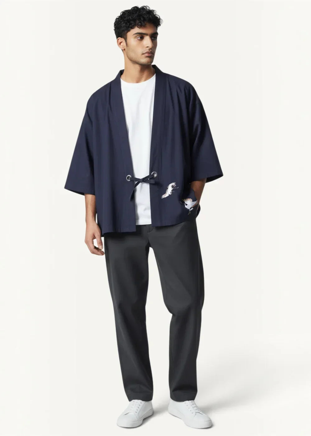 Navy haori jacket featuring navy blue fabric with white bird embroidery and a tied belt detail