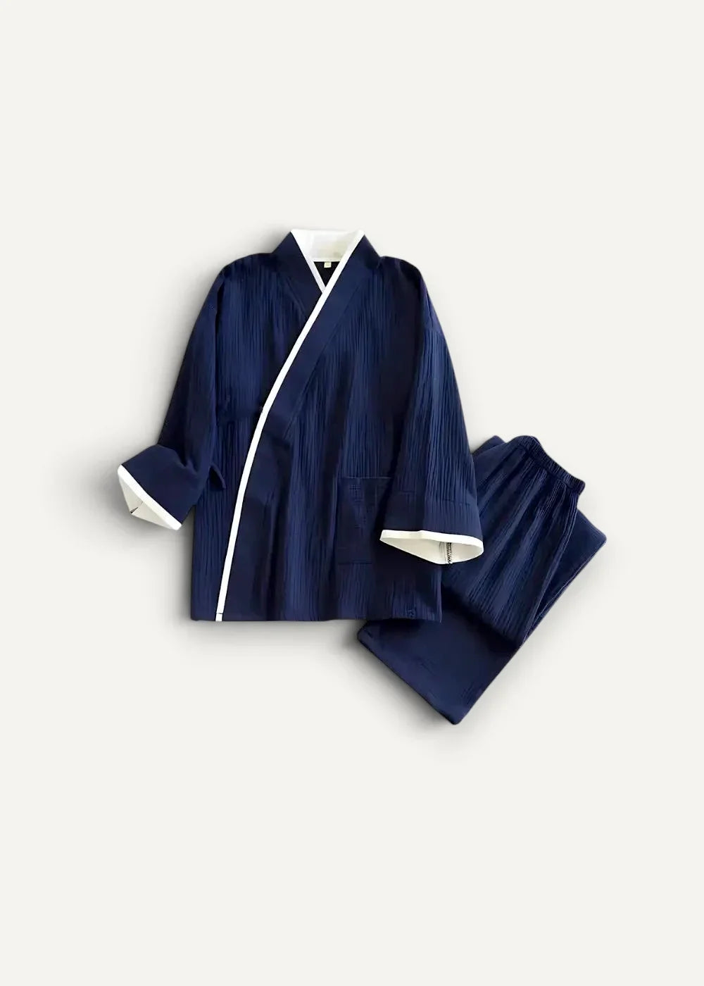 Navy Japanese kimono pajamas with white trim, a kimono style top and matching pants