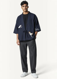 Navy kimono jacket with navy blue embroidered crane design showcasing detailed back side craftsmanship