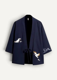 Navy kimono jacket with navy blue fabric featuring white and gold embroidered crane detailing on the front