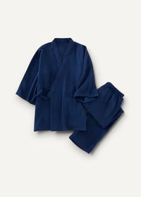Deep navy blue traditional japanese kimono-style top with three-quarter sleeves v-neckline paired with matching pants