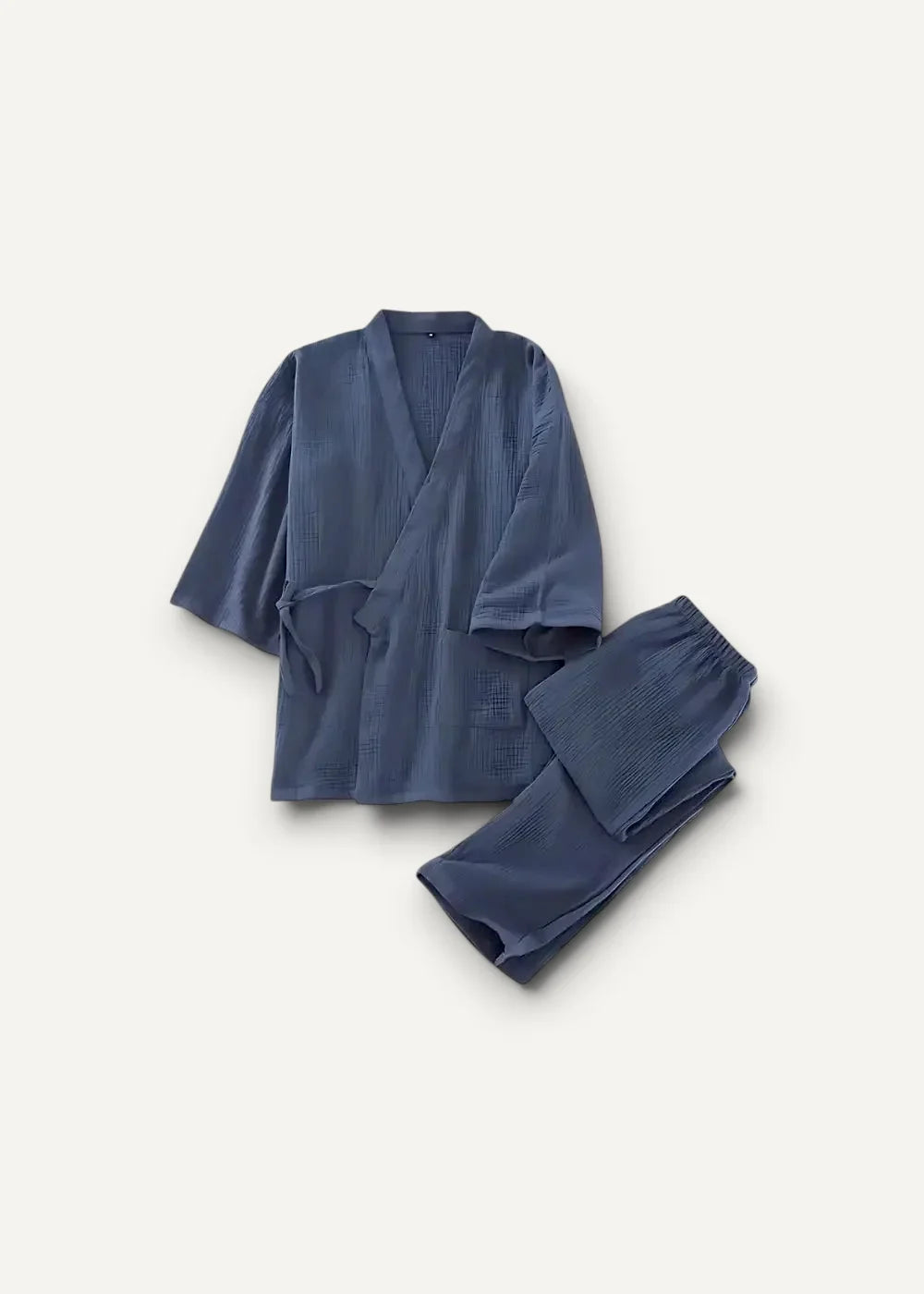 Navy men’s kimono pajamas in navy blue textured cotton for comfortable loungewear and sleepwear use