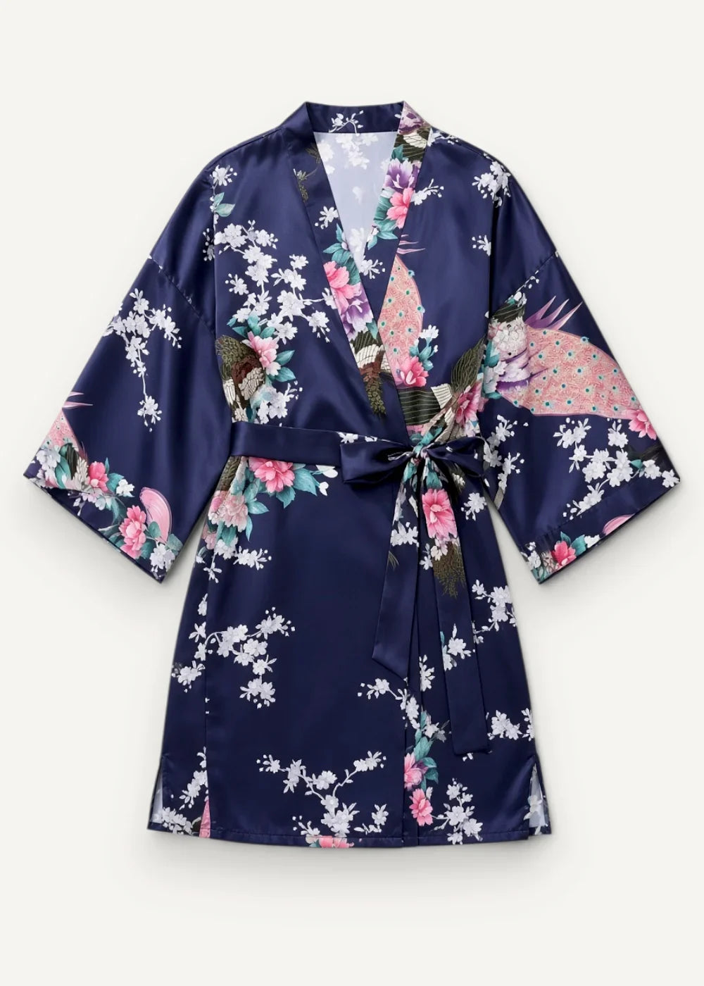 Navy satin robe with pink white and green floral and bird pattern made of smooth satin fabric