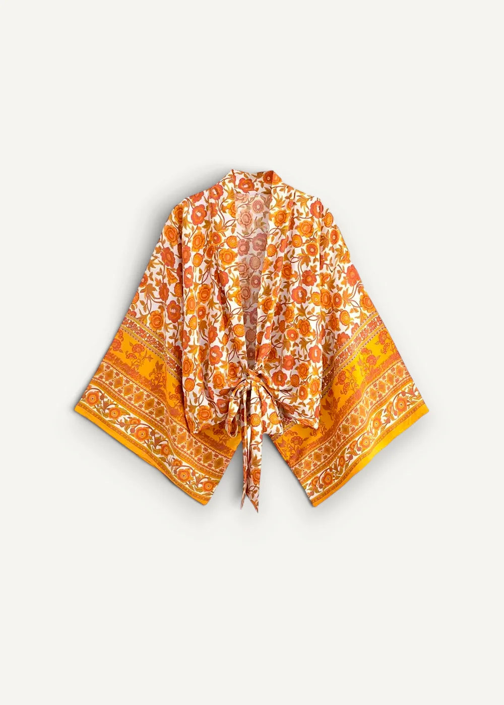 A vibrant orange and cream floral print silk open front swim cover up kimono with intricate border detailing