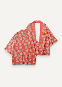 Orange haori coral kimono with white leaf pattern and small embroidered chest patch in lightweight fabric