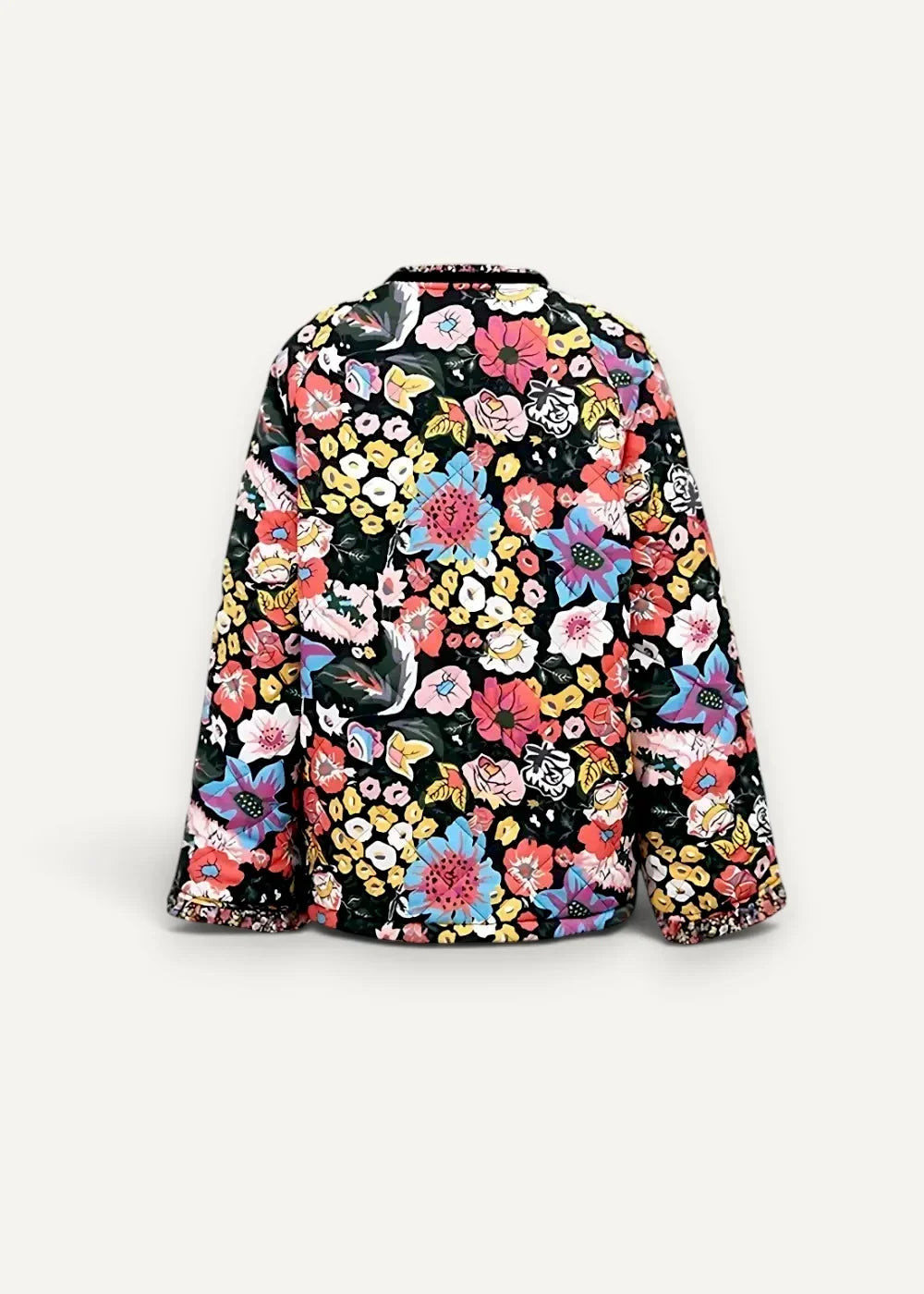 Black quilted padded kimono coat with a vibrant floral pattern in pink blue yellow and white