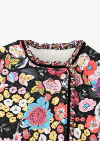 Black padded kimono coat with quilted texture and vibrant pink yellow blue and white floral pattern