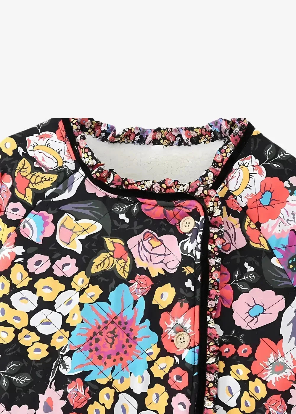 Black padded kimono coat with quilted texture and vibrant pink yellow blue and white floral pattern