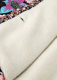 White plush fleece padded kimono coat with colorful floral patterned border for cozy layering