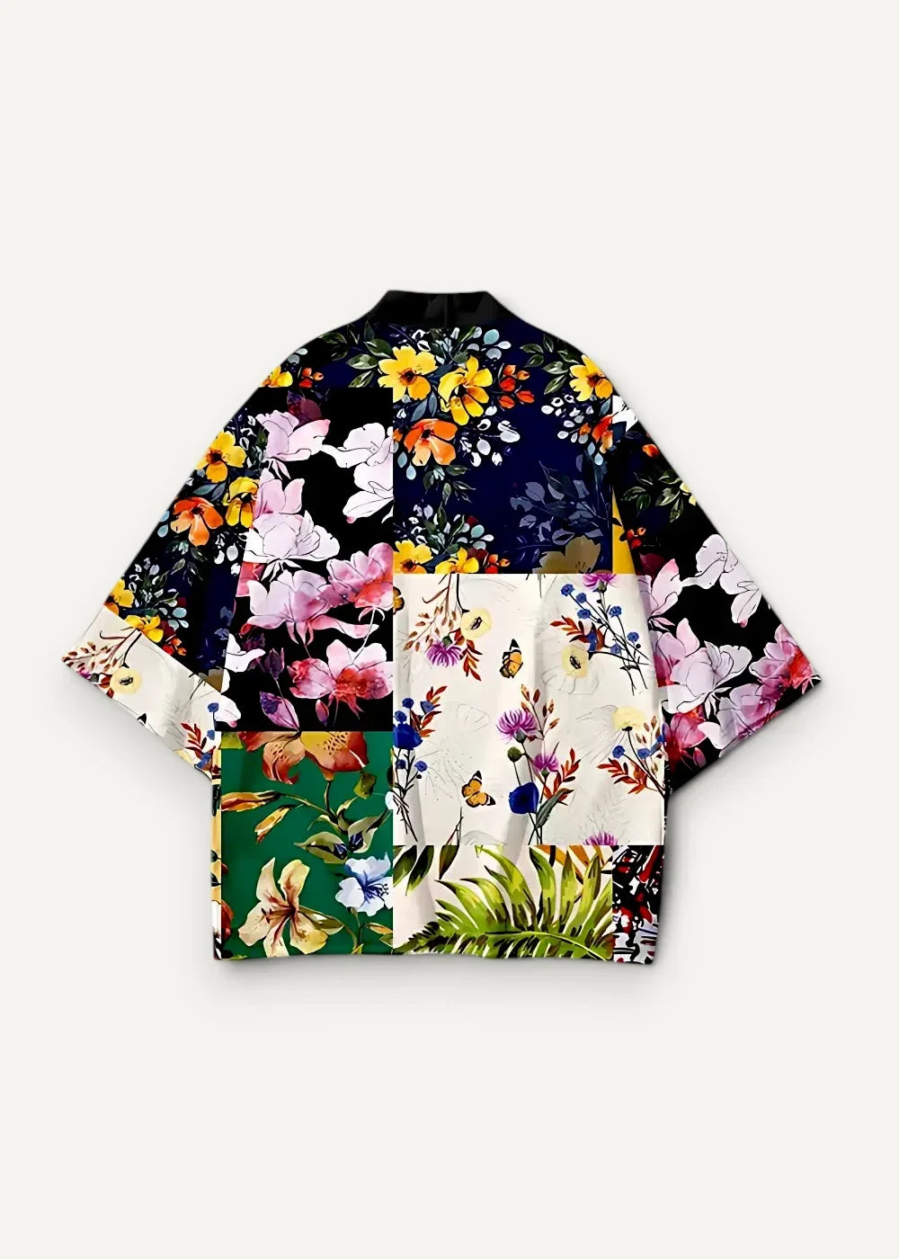 Patchwork kimono jacket with vibrant bold floral and botanical prints in black cream green yellow pink orange and blue on lightweight fabric