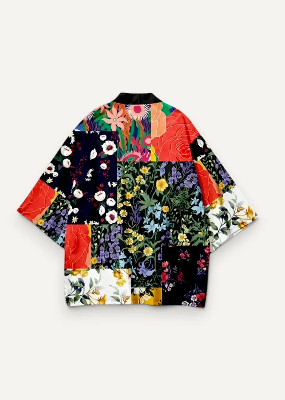 Vibrant patchwork kimono jacket with bold floral and intricate botanical patterns on black white red and green panels