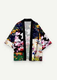 Vibrant patchwork kimono jacket with bold pink yellow and green floral blossoms on dark navy background