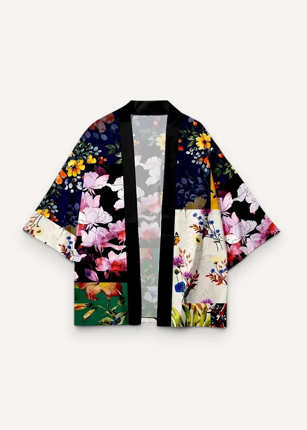 Vibrant patchwork kimono jacket with bold pink yellow and green floral blossoms on dark navy background