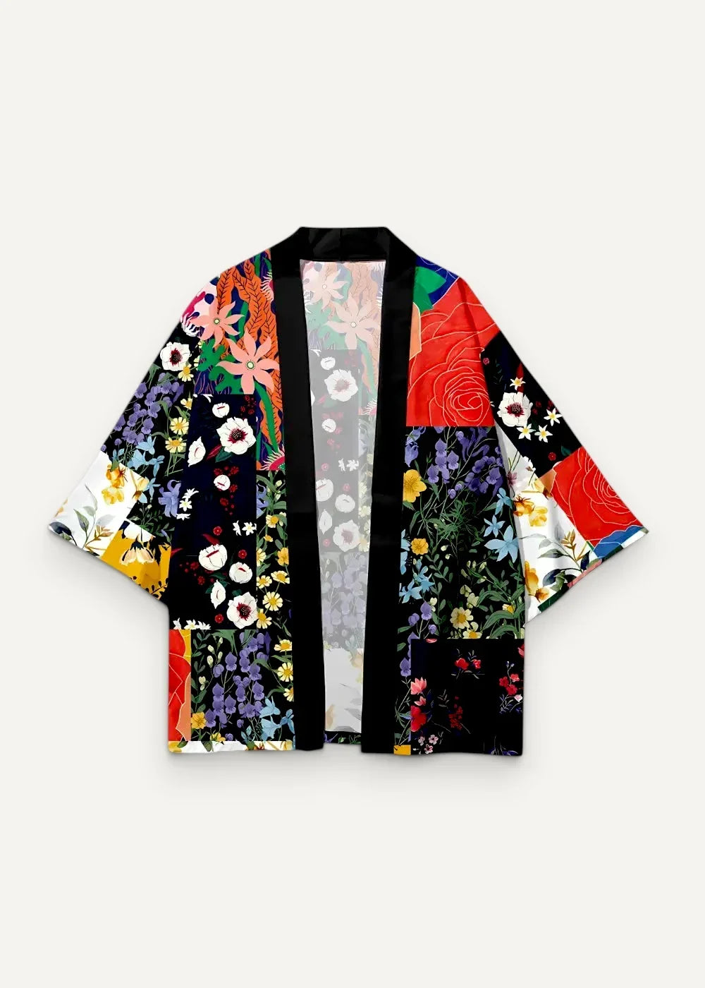 A vibrant patchwork kimono jacket with bold red purple and yellow floral patterns on black fabric