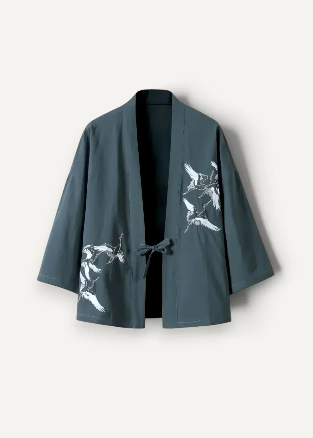Dark gray embroidered patterned kimono jacket with white crane bird motifs on sleeves and front