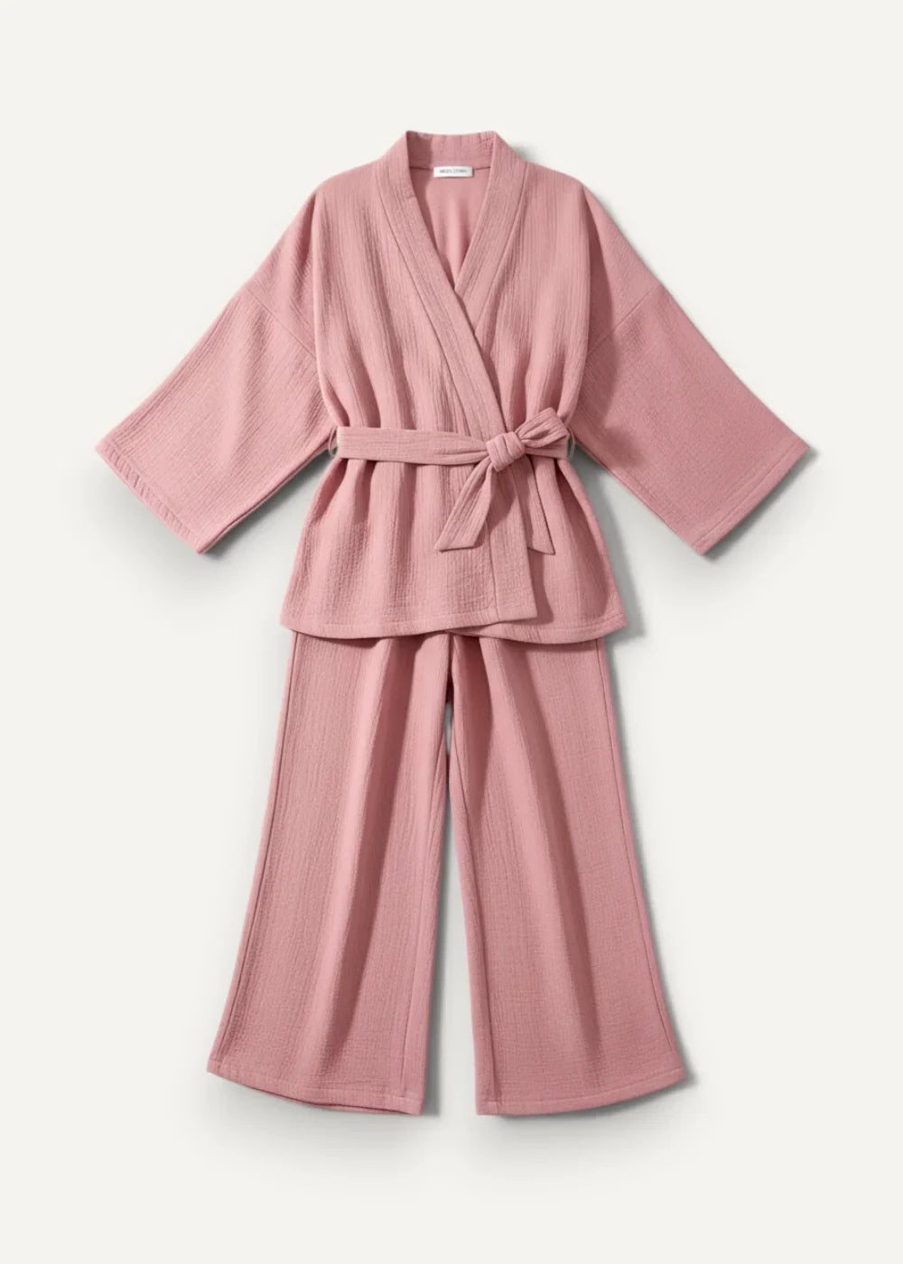 Pink cotton kimono pajamas featuring a soft textured robe with wide sleeves and matching wide-leg pants