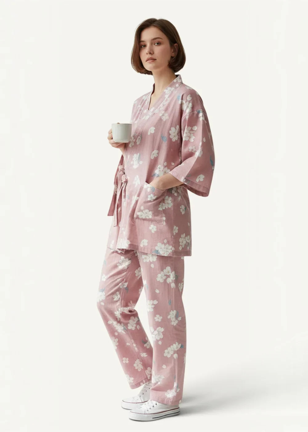 Pink floral kimono pajamas with a soft silky texture featuring a matching robe style top