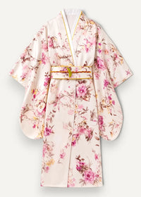 A cream-colored satin pink floral robe with gold trim accents along the collar and belt