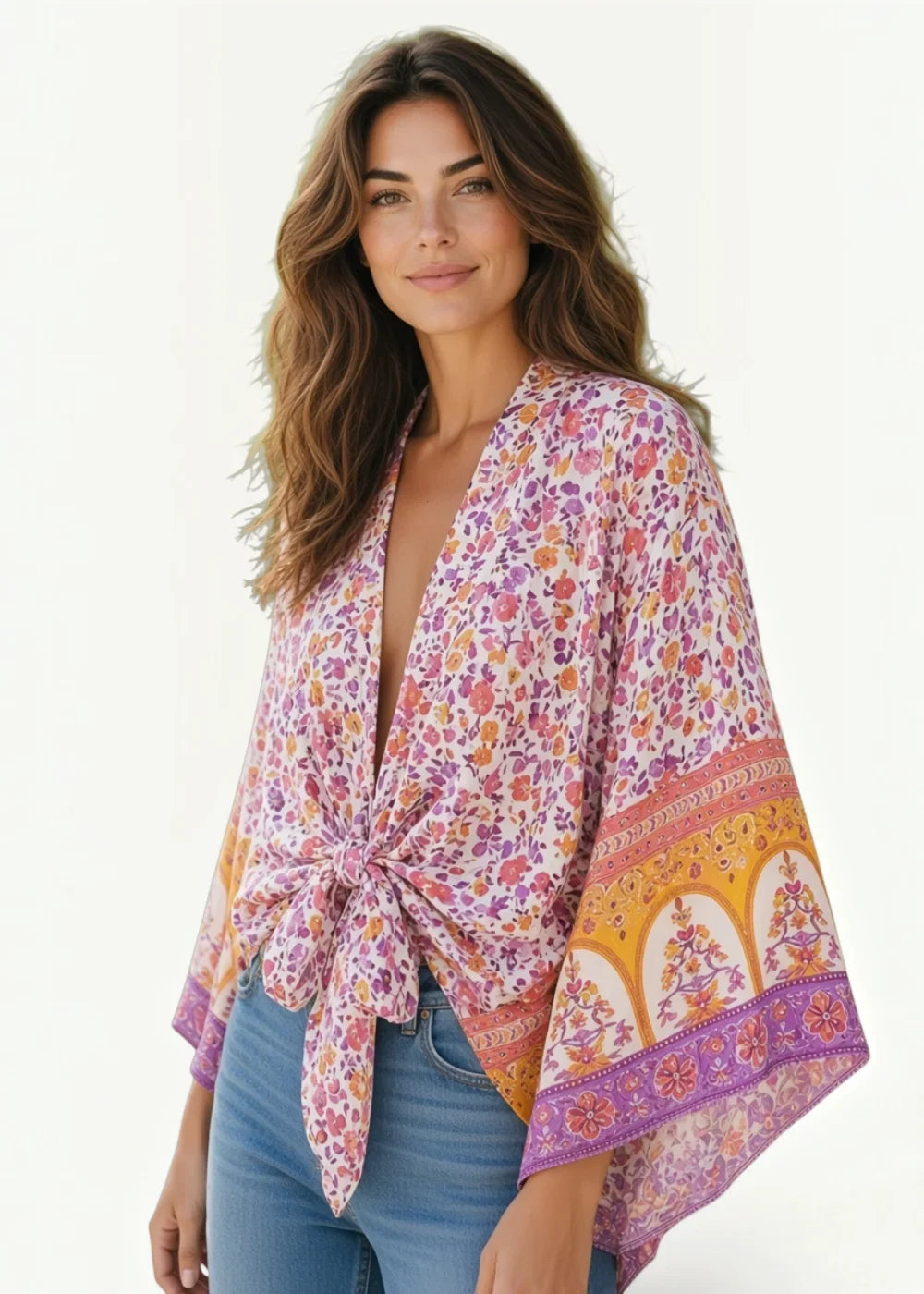 Pink kimono beach cover up with lightweight flowing fabric soft pink and purple floral pattern and gold trim on sleeves