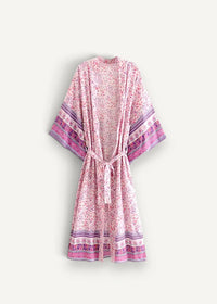 Pink kimono cover up featuring a delicate pink and purple pattern with a matching tie belt for lightweight layering