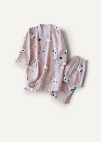 Pink kimono pajamas with a cute panda print and elastic waistband in a soft cotton pajama set
